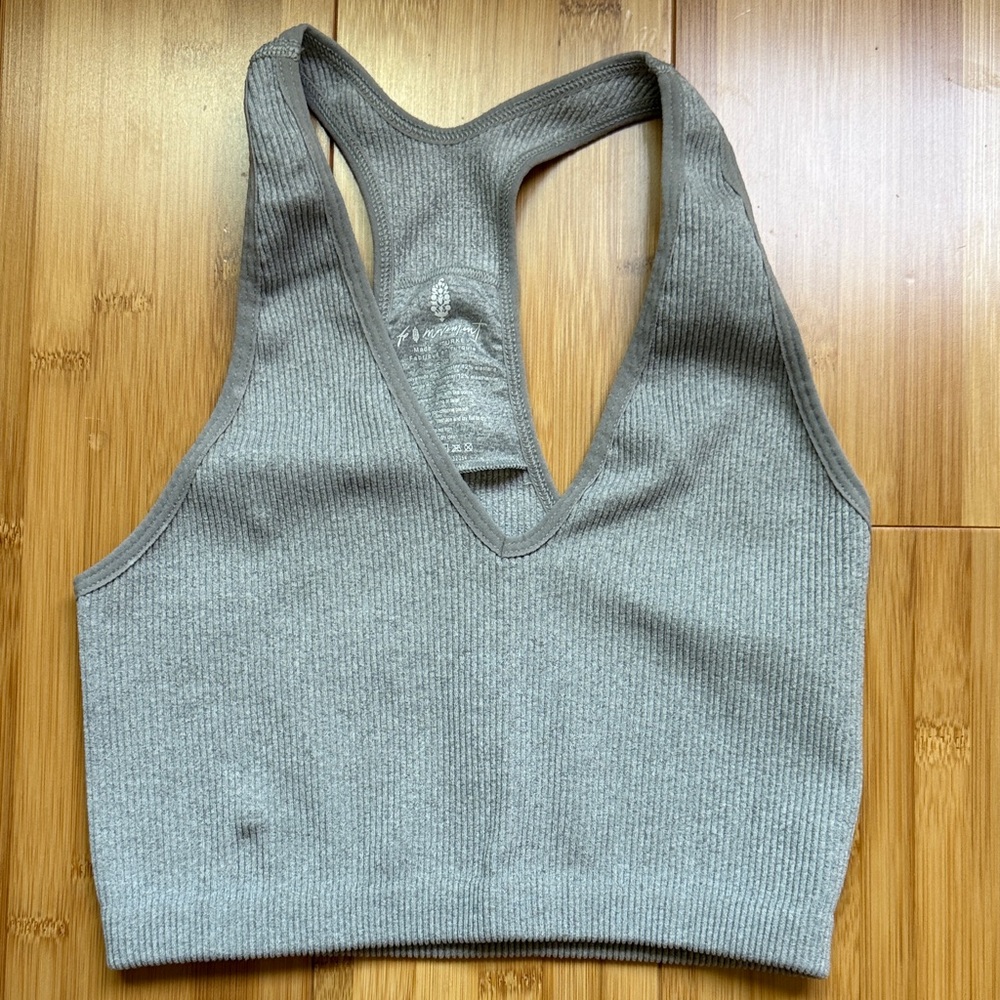 Free People Gray Ribbed V-Neck Sports Bra